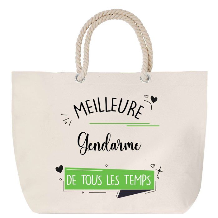 Sac de plage - PLANETEE - Grand format - Anse corde - Coton - Message 'Gendarme Meilleure de tous les temps'