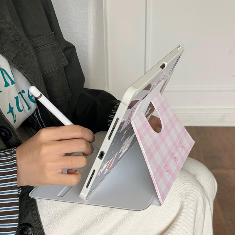 Pink Grid Miffy Tablet Case IPad Air 7/6 Mini Rotating Stand Pro Pencil Holder