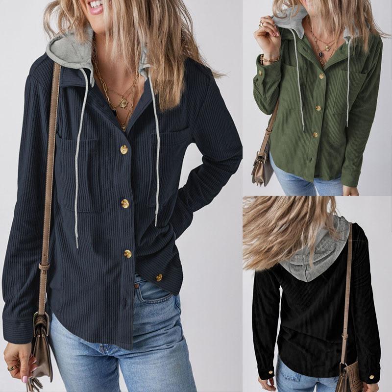 Women S Plus Size Solid Color Hooded Button Long Sleeve Casual Jacket