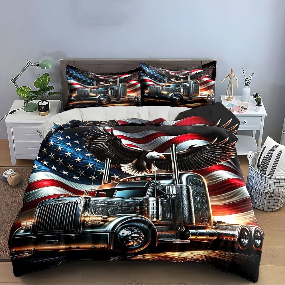 Truck and Eagle with USA Flag Bedding Duvet Cover Set Duvet Cover Pillowcases (1 * Duvet Cover 2 * Pillowcases, without duvet insert)