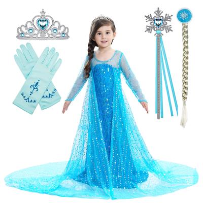 Halloween Mädchen Prinzessin COS Verkleidung Netzkleid Zöpfe Krone Handschuhe Zauberstab 5-tlg. Set