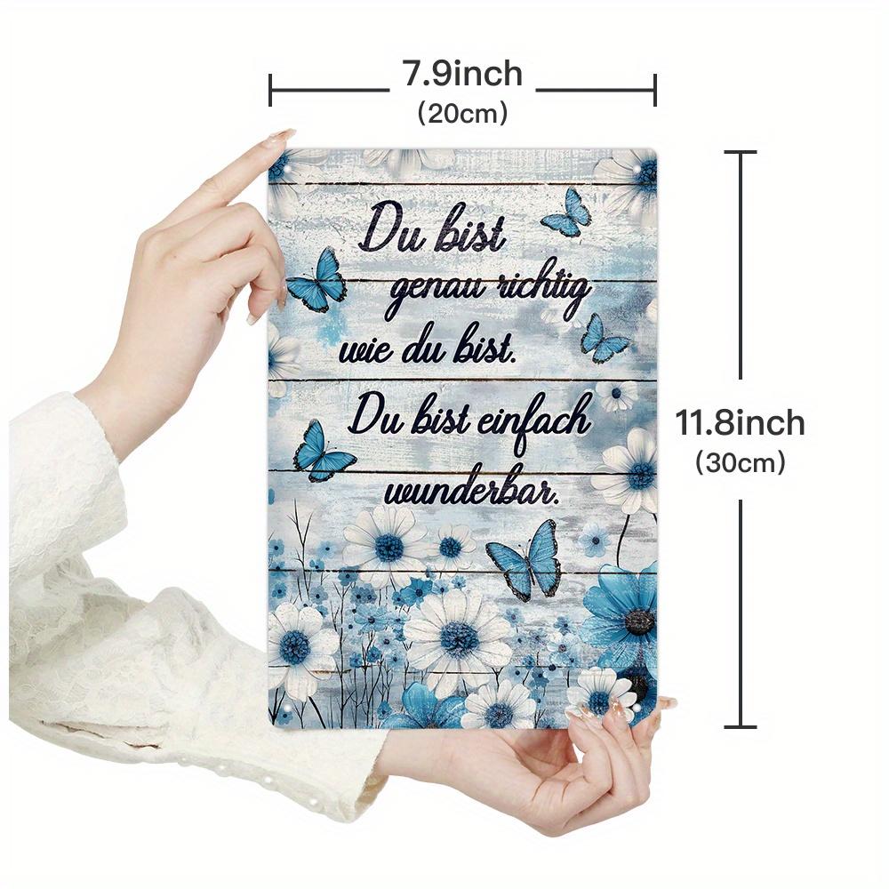 

Vintage German Metal Wall Art Sign with Blue Butterflies and Flowers Rustic Home Decor for Living Room Kitchen Office 20x30cm（7.8x11.8inch）