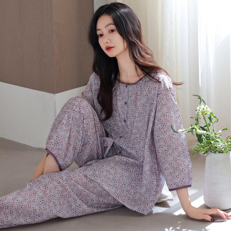 Woven Cotton Gauze Pajamas Women's Spring Cotton Seven-quarter Sleeves 1011 New Summer Cotton Mother Loungewear