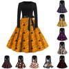 Halloween Print Flare Dress For Women Long Sleeve Dress Hollow Party Casual Dresses