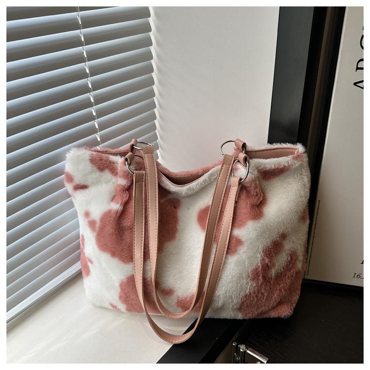Large Capacity Shopper Bags For Women Winter Travel Tote Bag Cow Printing Plush Shoulder Bag Ladies Handbag Designer Bolsos