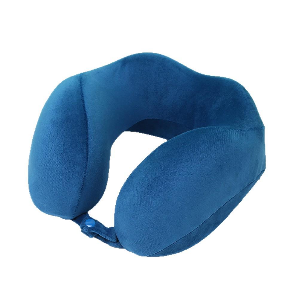 Blue Travel U-Shape Memory Foam Pillow: Foldable, Portable Neck Support with Buckle, Perfect for Naps.