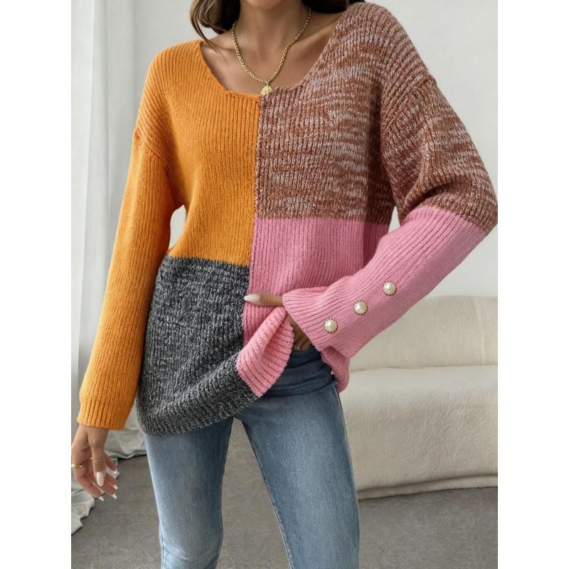 

Женский пуловер на осень и зиму, женский свитер с контрастной строчкой, нерегулярным глубоким V-вырезом и декоративными пуговицами XL розовый