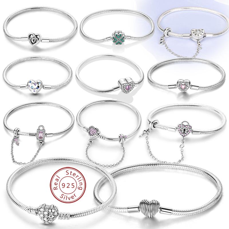 Armband Original 925 Sterling Silver Berlockarmband 17-20CM Kärlekshjärta Pave Zirkonia Armband för Kvinnor DIY Berlock Smycken Gåvor