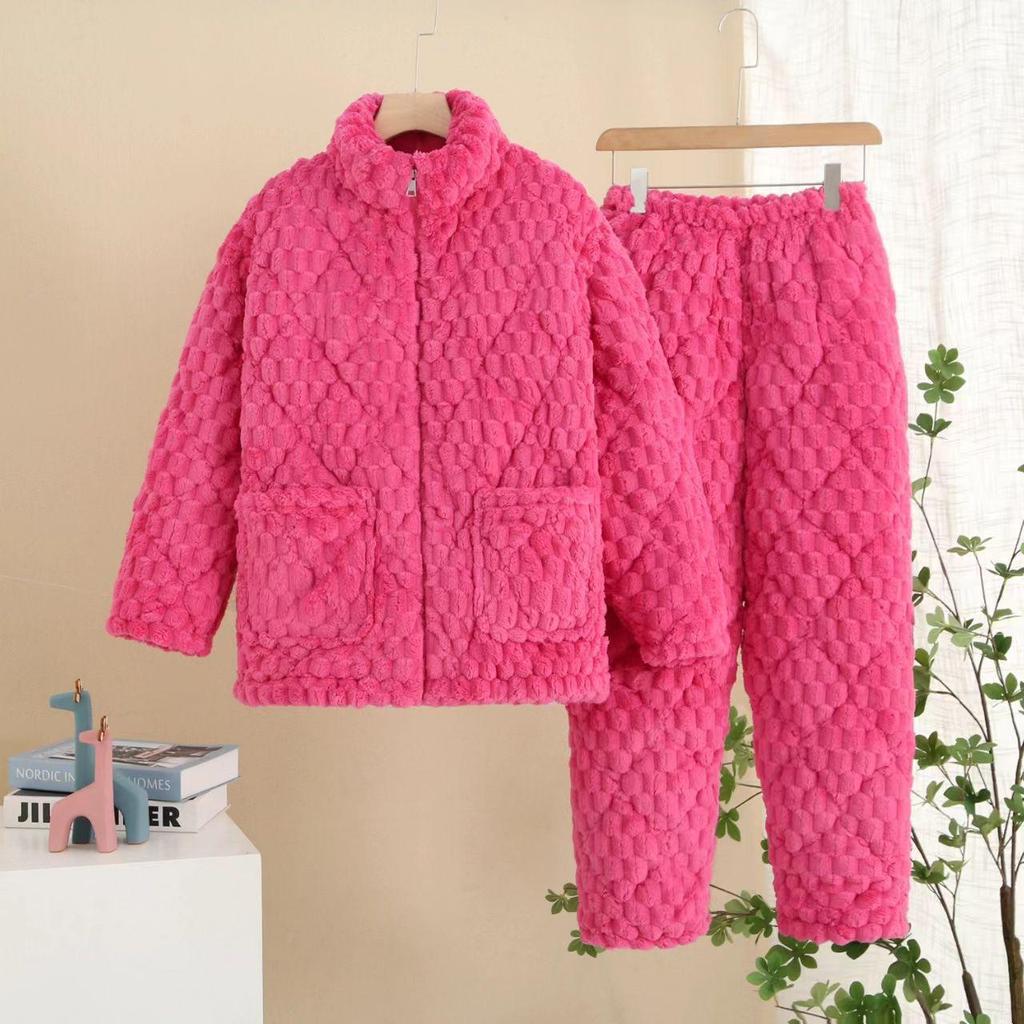 Three-Layer Fleece-Lined Quilted Winter Pajama Set for Elderly Women - Warm Coral Fleece Home Wear & Outerwear