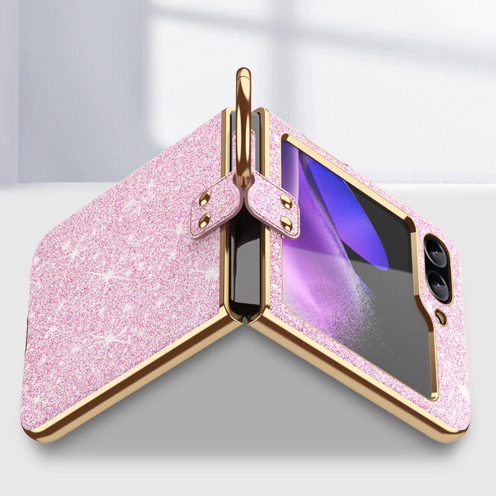 For Samsung Galaxy Z Flip7 FE 5G/Z Flip6 5G Case Glitter Leather+PC Electroplating Phone Cover Ring Kickstand