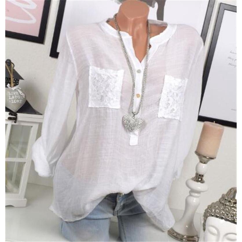 Chic Lace Shirt Autumn Women V-neck Long Blouse Loose Plus Size Sleeve S-5xl