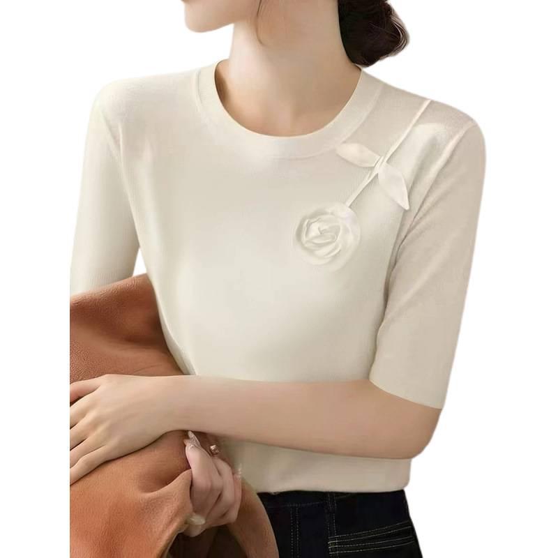 Women's French Round Neck White Mid-Sleeve Knit Top - Early Spring, Versatile Temperament, Slim-Fitting Base Layer
