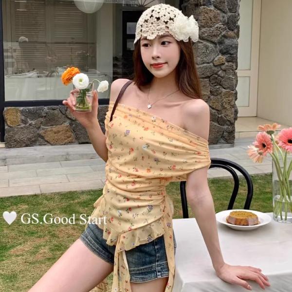 

Women s Korean Floral Off-Shoulder Top with Irregular Ribbons - Summer 2025 New Slim-Fit Design L [Premium Edition]