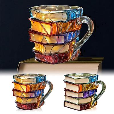 Painted Book Mug 3D Painted Book Stack Mug Creative Stacked Books Design Coffee Cup Unique Novelty Gift