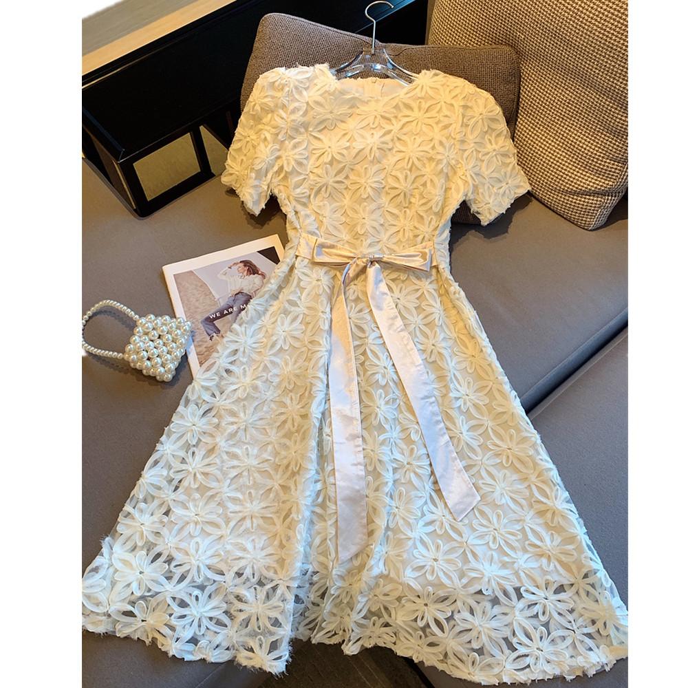 Elegant Mesh Embroidery Flower Summer Dress for Women 2024 New Casual Round Neck Lace-up Slim Short Dress Women Clothing