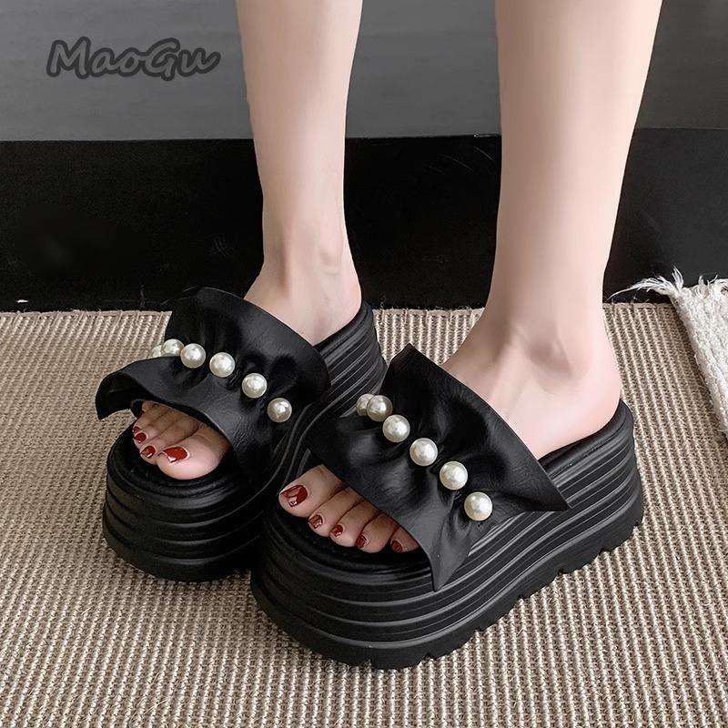 Fashion 8CM Platform Sandals for Women's Summer Footwear Fashion Pearl Bead Thick Bottom Slides Ladies Beach Slippers Sandalias De Mujer