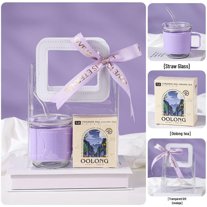 Straw Glass Tea Cup Gift Set with Oolong Tea