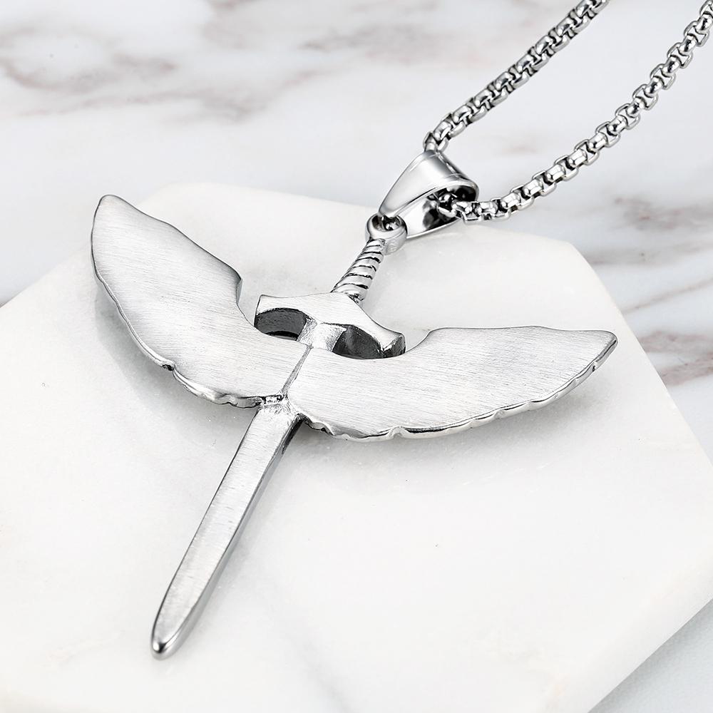 Angel Wings Pendants Necklaces for Men Women Stainless Steel Charm Chain Holy Sword Cross Pendant Unisex Jewelry Accessories