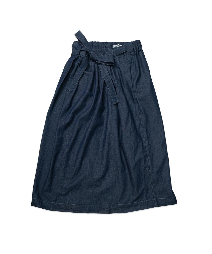 Cotton Bell Waist Belt Shirred Denim Skirt - Indigo