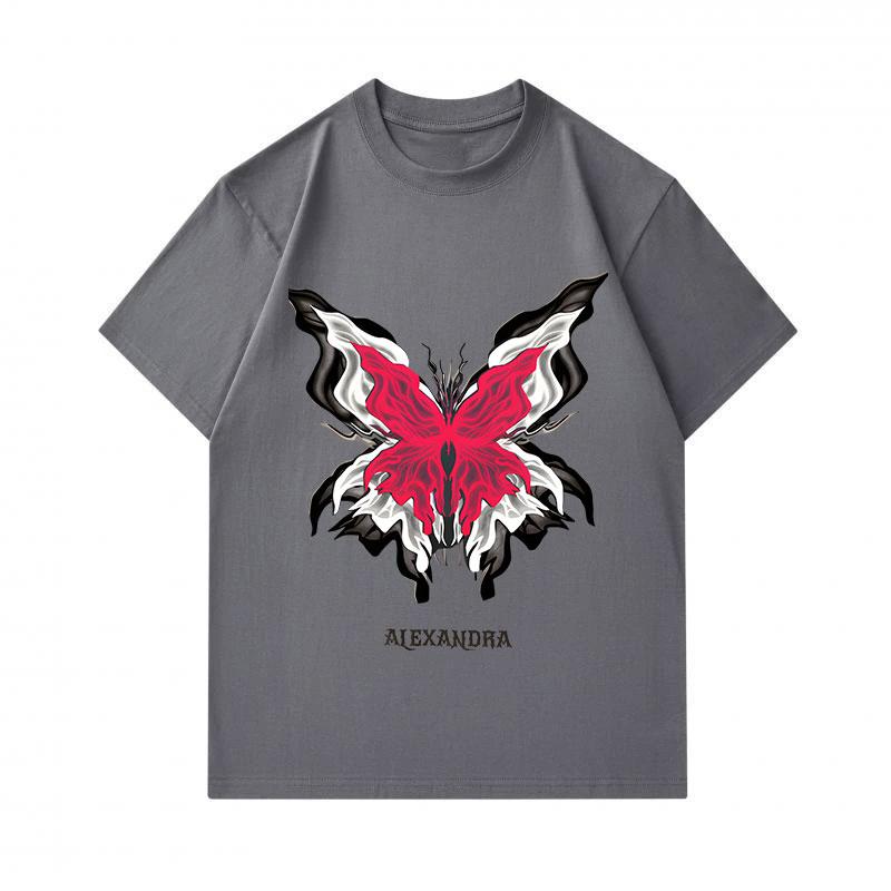 Men's 100% Cotton Crew Neck Short Sleeve T-Shirt, Stylish Abstract Red Butterfly Printed Casual Tees, ALEXANDRA Letter Pattern Soft Comfortable Daily