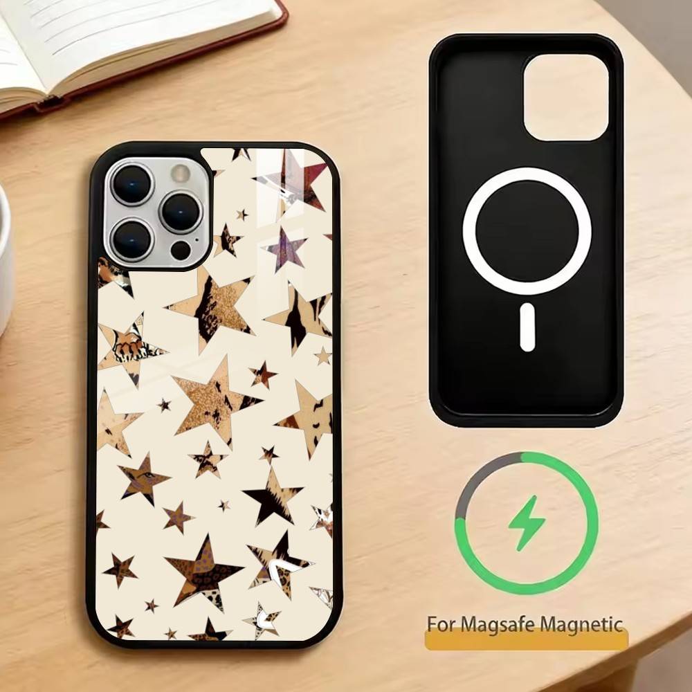 Trendy Leopard Print Star Pattern Phone Case For iPhone17,16,15,14,13,12,11 Plus,Pro Magnetic For Magsafe Wireless Charging