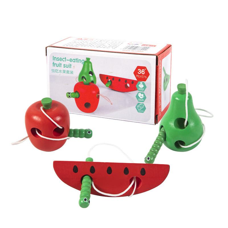 

Wooden Insect Eating Fruit Threading Game Puzzle Toy For Fine Motor Skills Development And Early Education AppleWatermelonPear