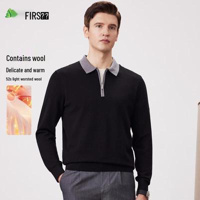 FIRS Men's Wool Blend Long-Sleeve Contrast Polo Shirt