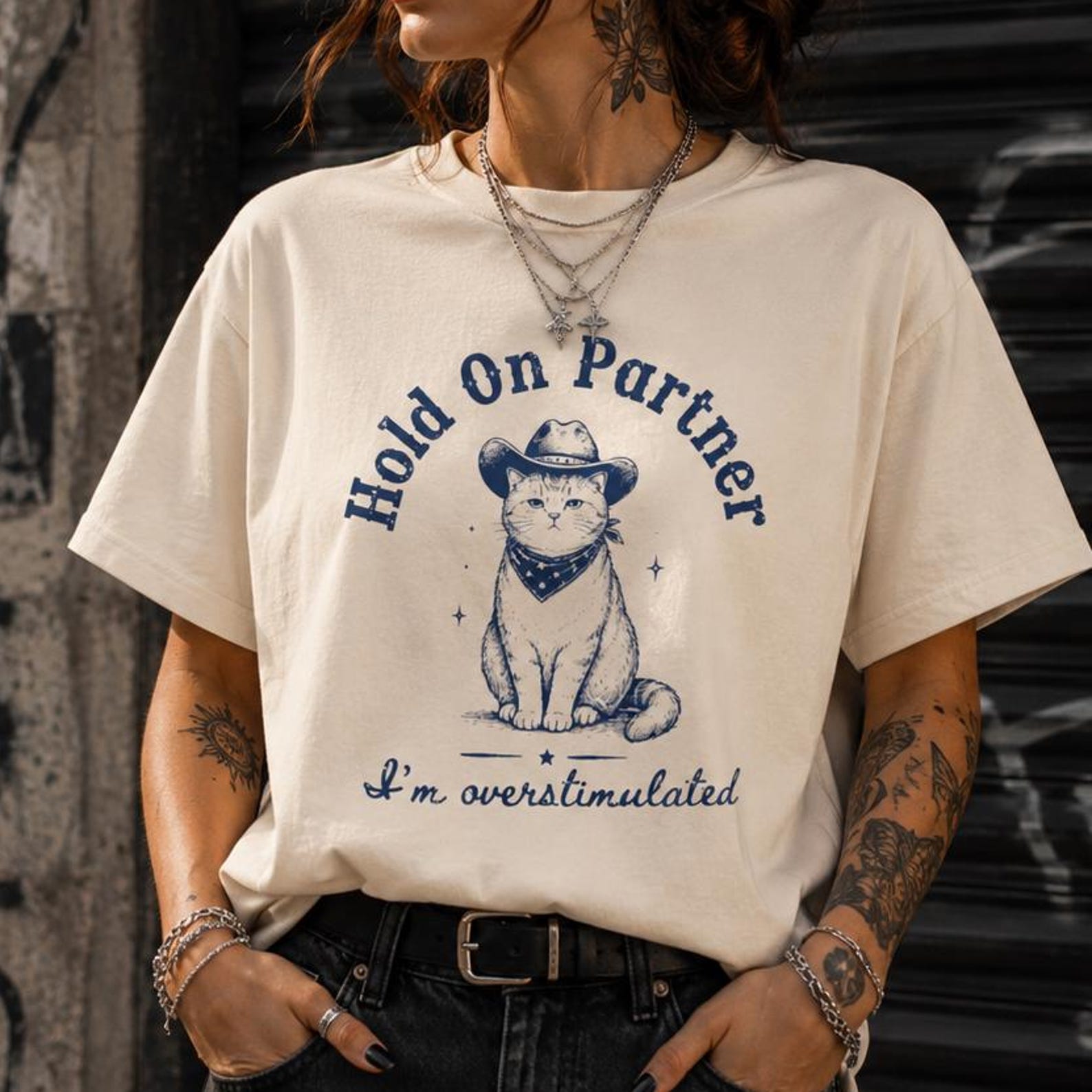 Hold On Partner Im Overstimulated Cat Shirt, Funny Cowboy Cat Tee, Retro Western Meme Comfort Colors T-Shirt 2XL