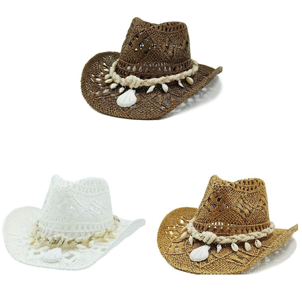New Hollow Cowboy Straw Hat Large Brim Seashell Beach Sun Hat Big Head Circumference Bohemian Hat Sunshade