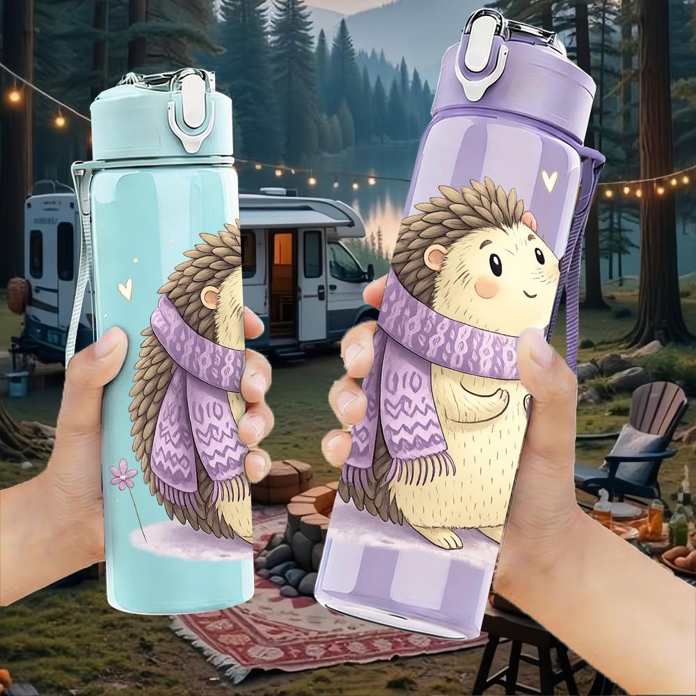 1PC Hedgehog Wear Knit Sweater Print 750ml Color Plastic Sports Water Bottle Leakproof Flip Straw Lid Suitable for Sports Office Home Use