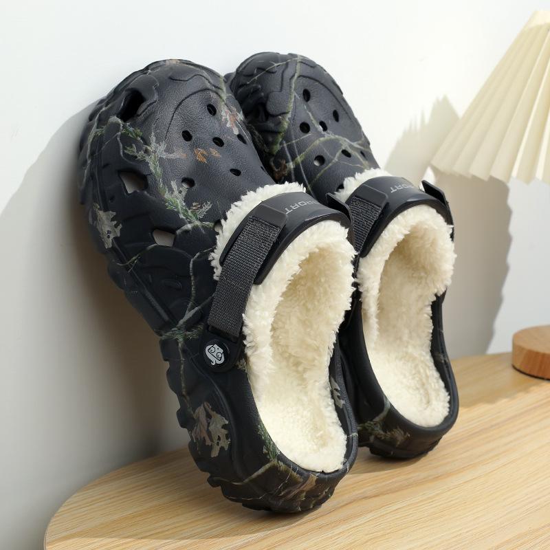 Men's Fleece-Lined Cotton Beach Slippers, Winter Plus Size, Two-Wear Design for Warmth and Comfort