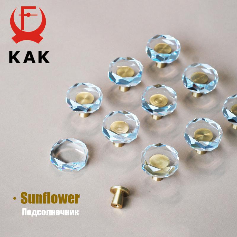 KAK 30mm Crystal Cabinet Knobs and Handle Brass Copper Kitchen Handle Square Cupboard Door Pulls Furniture Knobs Door Hardware