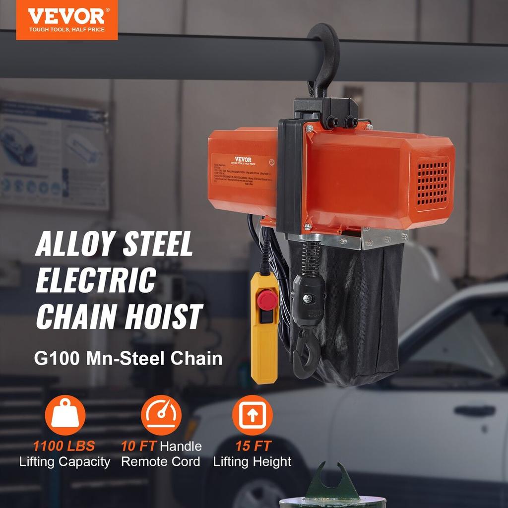 Electric Chain Hoist Single Phase Crane Hoist 1100 Lbs Load 15 Ft Lifting