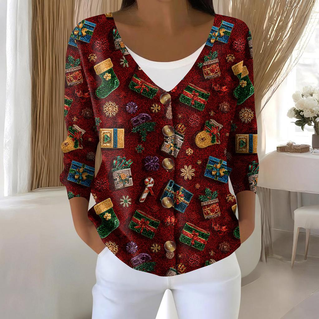 Women's Fashion Long Sleeve Christmas Snowman Snowflake Print Jacket Cardigan