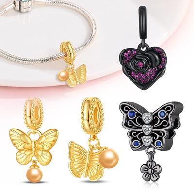 Copper Colors Gold Butterfly Black Flower Design Designer Charms Beads Suitable For Genuine Bracelet Diy Fine Jewelry Gift For Women