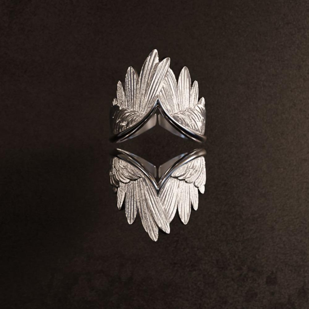 Creative Personality Silver Color Stainless Steel Angel Wings Couple Rings for Women Men Charm Feather Opening Ring Rock Jewelry