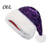 Double Layer Thickened Velvet Hat Christmas Sparkly Sequins Santa for Adults, Plush Glitter Bling Warm Ear Protection Holiday Cap with Fluffy