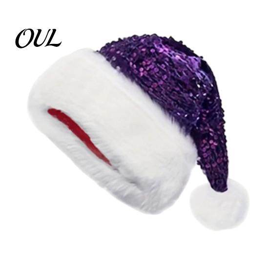 Double Layer Thickened Velvet Hat Christmas Sparkly Sequins Santa for Adults, Plush Glitter Bling Warm Ear Protection Holiday Cap with Fluffy
