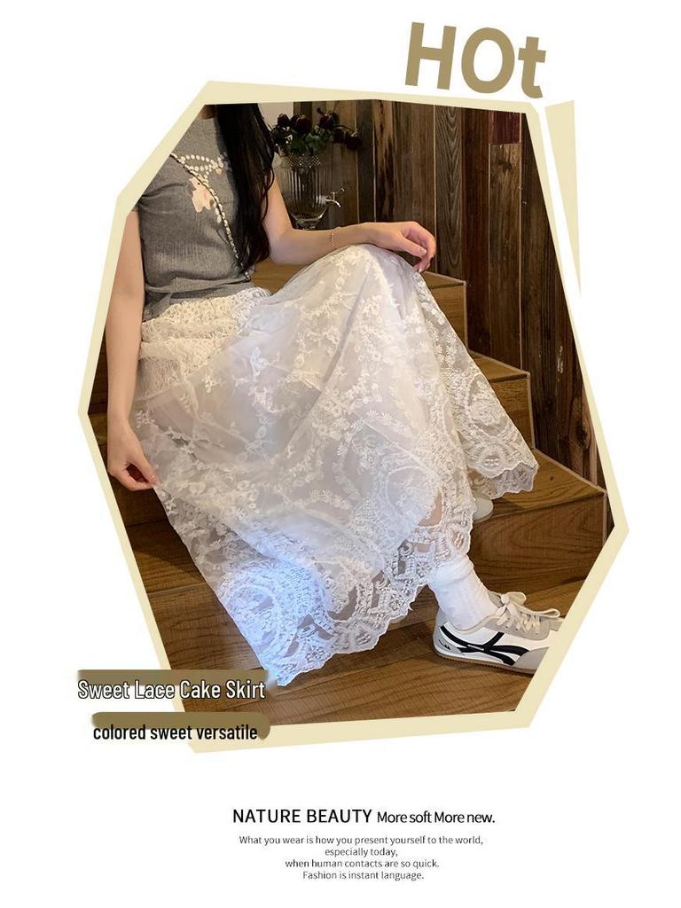 Spring/Summer Lace Crochet Dress: Women's Retro High-Waist A-Line Skirt with Embroidery