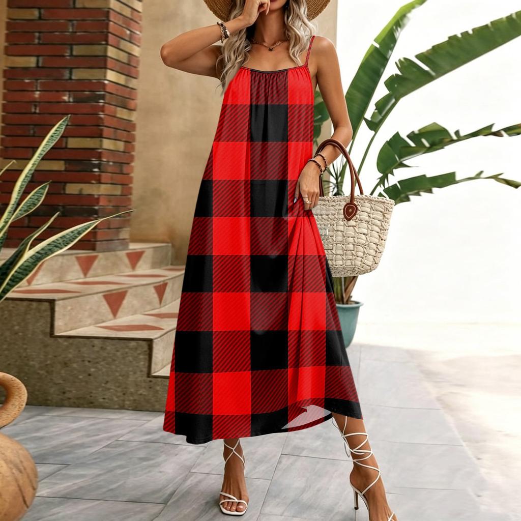 Women Sleeveless Spaghetti Strap Long Dress with Floral and Geometric Print Loose Fit Casual Home Vacation Wear