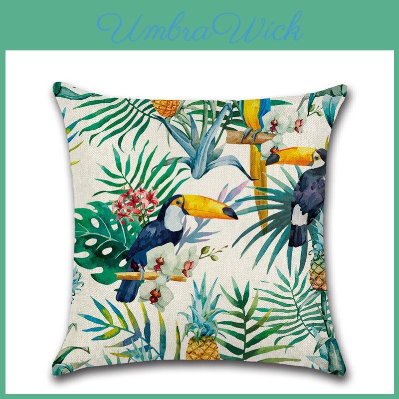 Stylish 18'' Green Tropical Plant Cotton Linen Cushion Cover Perfect For All Seasons