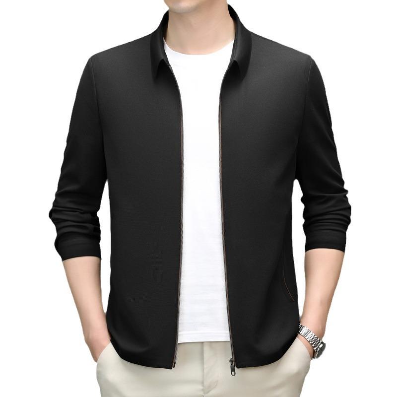 2024 Men's High-End Spring/Autumn Casual Solid Color Lapel Jacket for Middle-Aged Men - Thin Style Dad's Wear