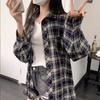 Camicia Casual da Donna a Quadri Americano Vintage Larga a Maniche Lunghe