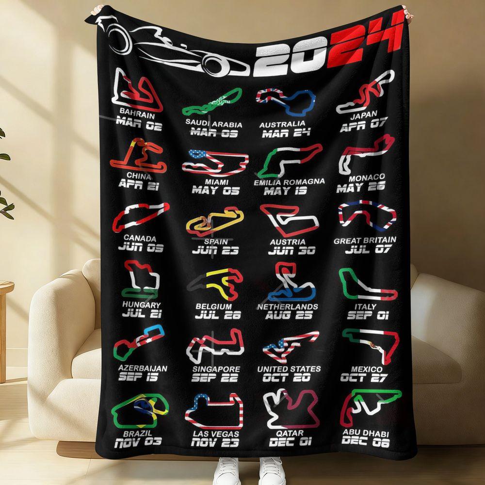2024 Race Calendar Poster Black Background Flannel Blanket Soft Throw Gift Blanket Warm Lap Blanket for Adults Kids Home Decor S
