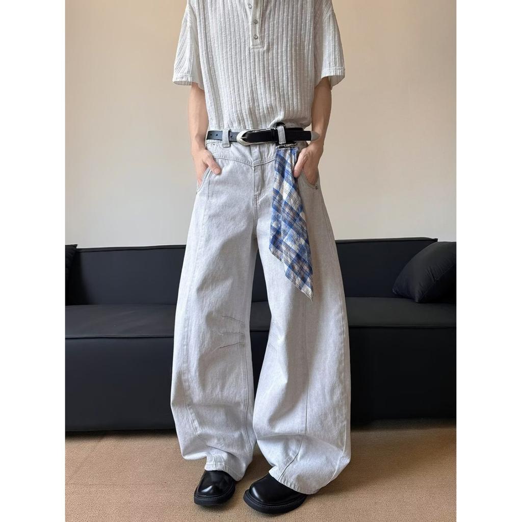 Men's Mid Rise Washed Cat Whisker Barrel Jeans Loose Wide Leg Denim Pants American Vintage High Street Y2K Casual Four Seasons Long Trousers
