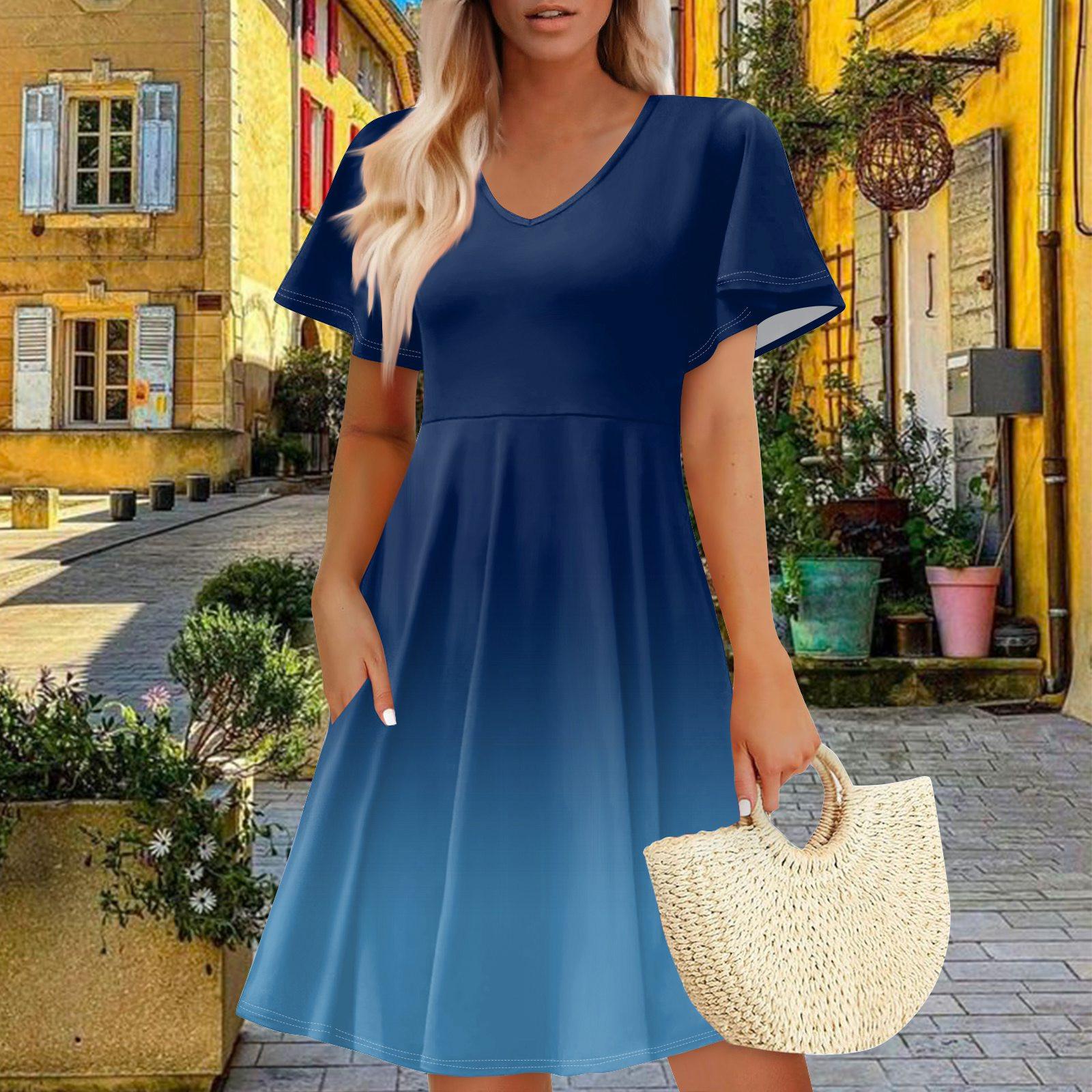 

Жіноча літня сукня повсякденна розкльошена квіткова з воланами з короткими рукавами сарафан пляжна А-силуету сукня з кишенями XXL