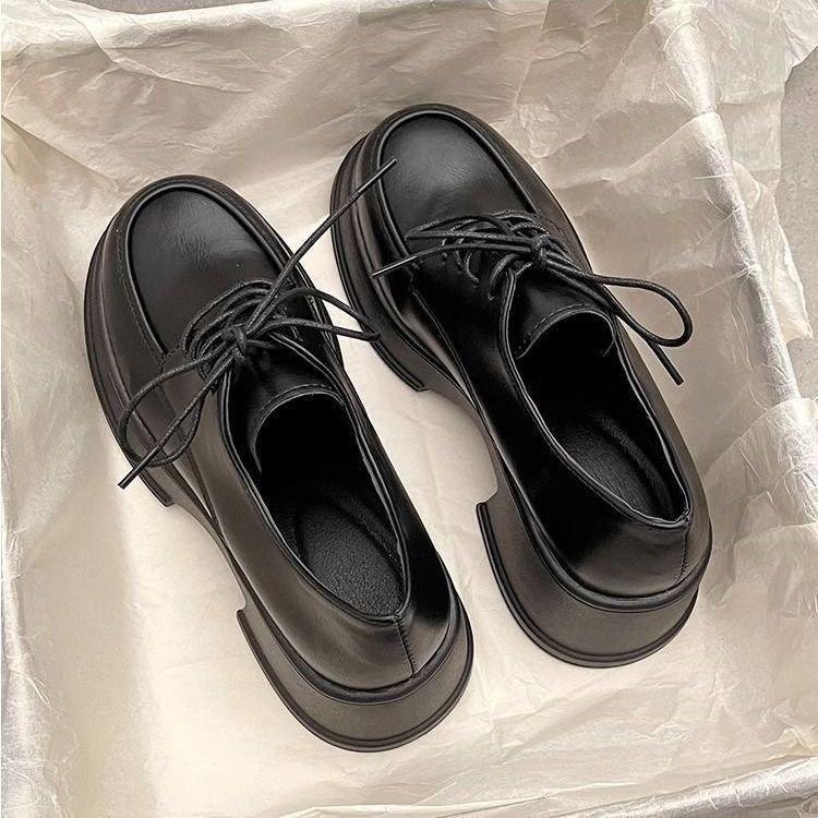 

Muffin round head black platform small leather shoes new thick heel Mary Jane shoes British high heel 35