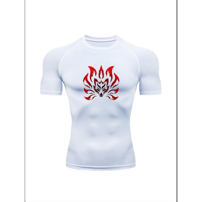 Men'S Demon Print Compression T-Shirt, Quick Dry Short Sleeve Gym Workout Tee, Gothic Tribal Pattern Athletic Fitness Training Top