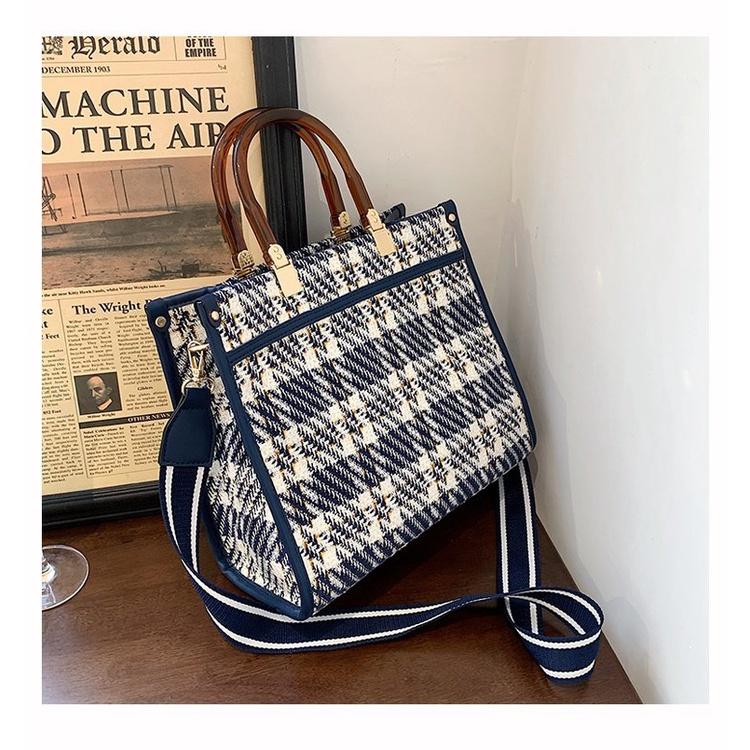 IELGY Vintage check handbag wide shoulder strap one-shoulder messenger bag