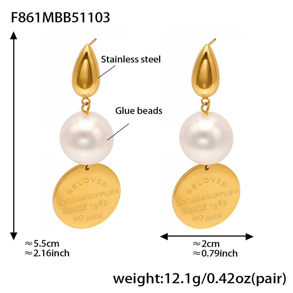 Qiong Yao Vintage Geometric Round Pendant Earrings with Beads, 18k Gold-Plated Luxurious D Letter Tassel Studs.